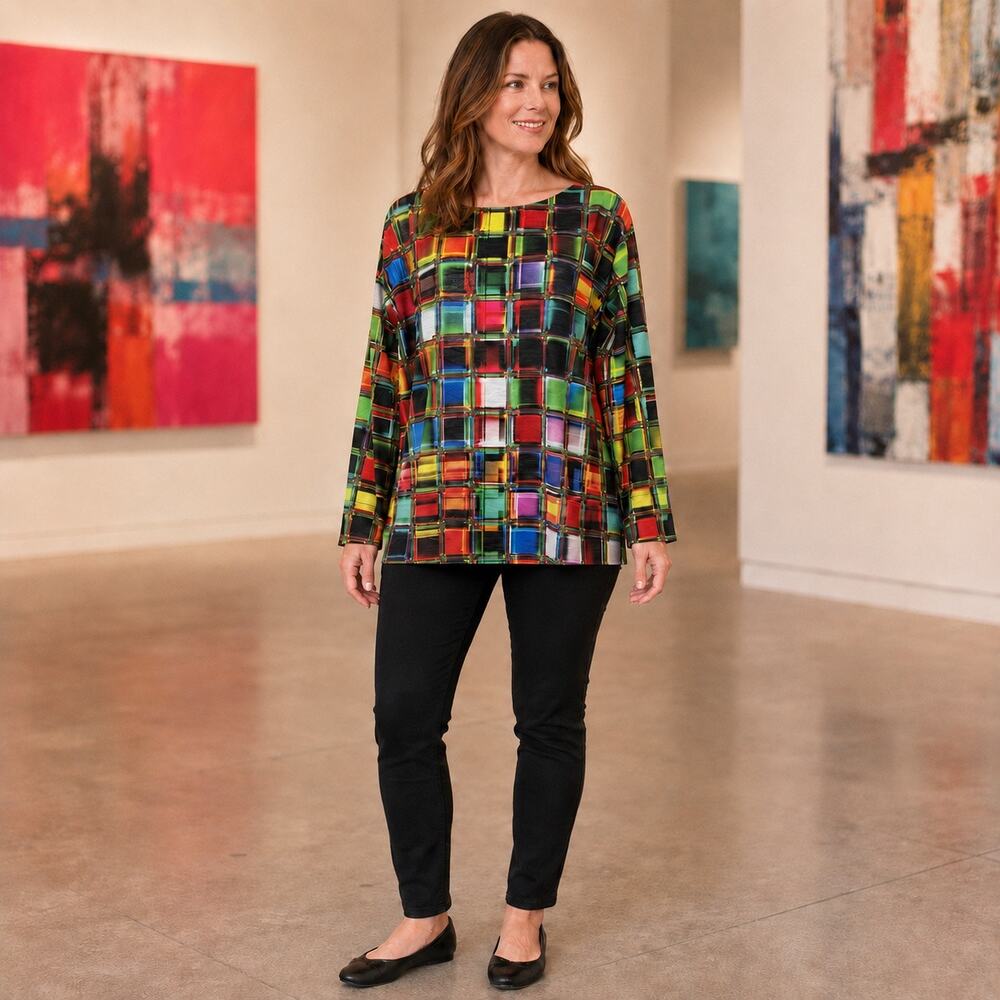 Nally & Millie Multicolor Abstract Plaid Blouse L